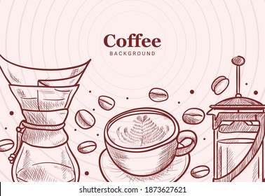 Hand Drawn Beans, Cup, French press, Chemex, Dripper illustration Background template for Coffee shop, cafe, drink, beverages brand Menu, Advertise and Brochure