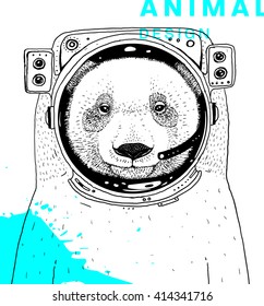 Hand Drawn Bear. Astronaut with Space Suit. Vector Graphic Illustration.