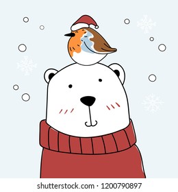Hand dibujó un oso y un pájaro disfrutando de las vacaciones de Navidad