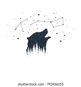 Hand drawn bear and constellations textured vector illustrations.