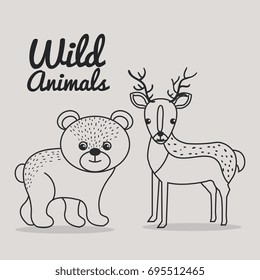 hand drawn bear and deer uncolored wild animals over white background