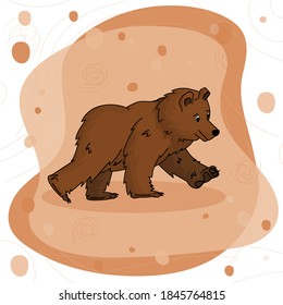Hand drawn bear grizzly on walk  on brown pink background