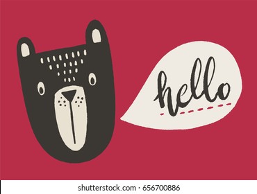 Hand drawn bear head with a speech bubble saying hello. Cute vector illustration for kids.  Cute cartoon character. Hand drawn lettering.