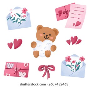 Hand drawn bear heart love envelope watercolor style various drawing collection