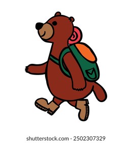 hand drawn bear hiking cartoon illustration