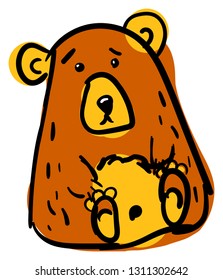 Hand drawn bear isolated on white background. Brown and yellow colored spots. Black outline drawing by hand. Doodle vector illustration