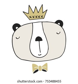 Hand drawn bear king. Nursery poster in scandinavian style. Colore vector illustration.
