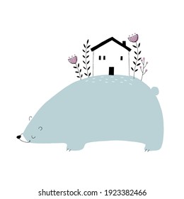 Hand drawn bear, little house and flowers on the back. Whimsical bear illustration.