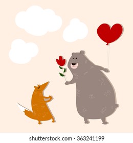 Hand drawn bear in love with a fox, giving it a flower and a balloon.