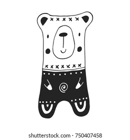 Hand drawn bear. Nursery poster in scandinavian style. Monochrome vector illustration.