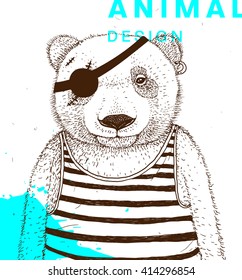 Hand Drawn Bear. Pirate with Eye Patch and Striped Shirt. Vector Graphic Illustration.