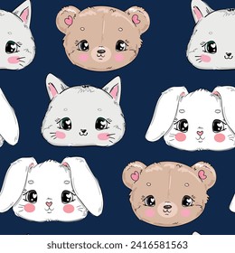 Hand Drawn Bear and Rabbit and Cat seamless pattern vector illustration. print design beautiful cute animals for baby background. For newborns design Bunny, Teddy Bear Cat.