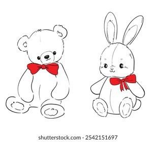 Urso desenhado à mão e ilustração de vetor de coelho. Desenho de impressão de esboço belo animal para fundo de bebê. Para recém-nascidos elementos de design Bunny, Teddy Bear 