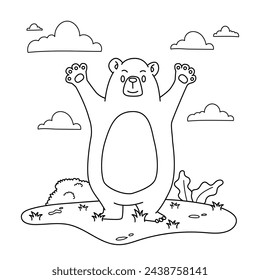 Hand drawn A bear is standing in a field with a big smile on its face. The bear is holding its paws up in the air, as if it is excited or happy illustration