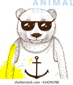 Hand Drawn Bear with Sunglasses and Shirt with Anchor Print. Vector Graphic Illustration.
