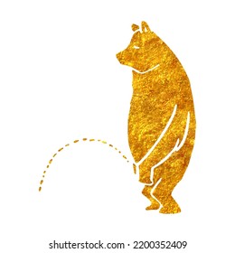 Oso dibujado a mano orinando en ilustración vectorial de textura de lámina de oro