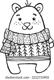 Hand Drawn Bear in winter sweater, Cute Christmas Vector Illustration For clothing, home decor, cards and templates, scrap booking, post cards, frames.
