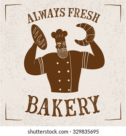 Hand drawn bearded chief with bread on old wall background. Cool illustration with bakery title for your design.