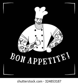 Hand drawn bearded chief with tattoos on blackboard background. Cool illustration with title for your design.
