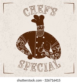 Hand drawn bearded chief with tattoos on old wall background. Cool illustration with title for your design.
