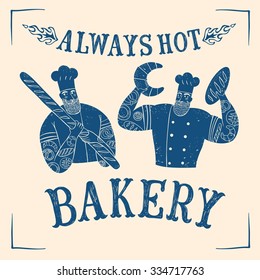 Hand drawn bearded chiefs with bread . Tattoo style illustration with bakery title for your design.