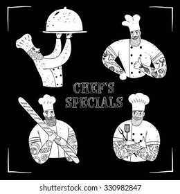 Hand drawn bearded chiefs set with tattoo on black background. Cool illustration with food theme for your design.