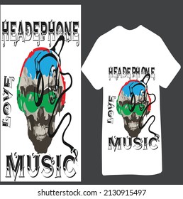 Hand drawn bearded skull in hat and sunglasses listening to music in headphones. T- shirt design. Vector illustration