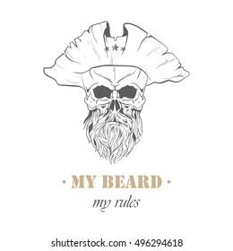 Hand drawn bearded skull in a pirateâ??s hat. Logotype for barbershop