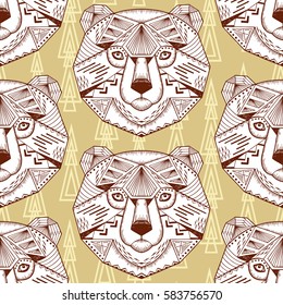 Hand drawn Bears heads Vector Seamless pattern. Ethnic animal. Tribal patterned Bear.
