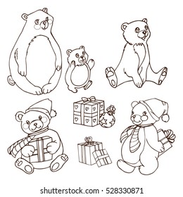 Hand drawn bears and presents. Vector illustration. Line art