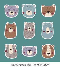 Hand drawn bears sticker set. Cute portraits of bears for stickers, cards, posters and children's clothing.