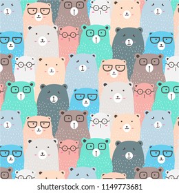 Hand Drawn Bears Vector Pattern Background. Fun Doodle. Handmade Vector Illustration.