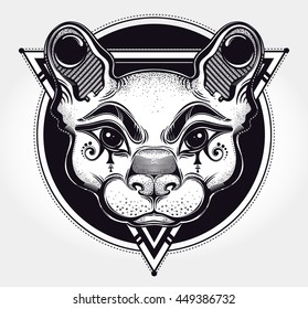 Hand drawn beautiful artwork of cat head. Vector illustration for coloring book, t-shirts design, tattoo art, boho design, posters, textiles. Isolated vector illustration.