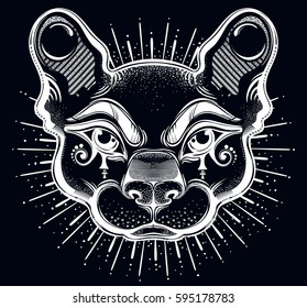 Hand drawn beautiful artwork of cat head. Vector illustration for coloring book, t-shirts, tattoo art, boho design, posters, textiles. Egyptian, spirituality, magic. Isolated vector illustration.