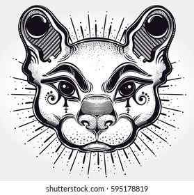 Hand drawn beautiful artwork of cat head. Vector illustration for coloring book, t-shirts, tattoo art, boho design, posters, textiles. Egyptian, spirituality, magic. Isolated vector illustration.