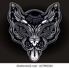 Hand drawn beautiful artwork of cat head. Vector illustration for coloring book, t-shirts, tattoo art, boho design, posters, textiles. Isolated vector illustration.