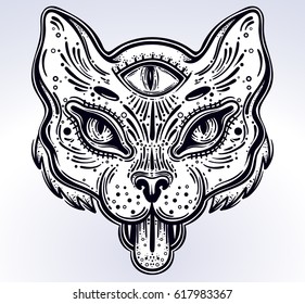 Hand drawn beautiful artwork of cat head. Vector illustration for coloring book, t-shirts, tattoo art, boho design, posters, textiles. Isolated vector illustration.