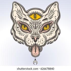 Hand drawn beautiful artwork of cat head. Vector illustration for coloring book, t-shirts, tattoo art, boho design, posters, textiles. Isolated vector illustration.