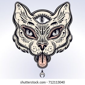 Hand drawn beautiful artwork of cat head. Vector illustration for coloring book, t-shirts, tattoo art, boho design, posters, textiles. Isolated vector illustration.