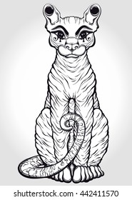 Hand drawn beautiful artwork of egyptian cat. Vector illustration for  coloring book, t-shirts design, tattoo. Isolated vector illustration.