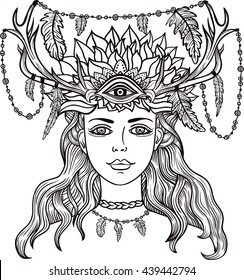 Hand drawn beautiful artwork of female shaman with third eye. Alchemy, religion, spirituality, occultism, tattoo line zentangle hipster art, coloring books.Isolated vector illustration.Feathers, horns