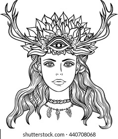 Hand drawn beautiful artwork of female shaman with third eye. Alchemy, religion, spirituality, occultism, tattoo line zentangle hipster art, coloring books.Isolated vector illustration.Feathers, horns