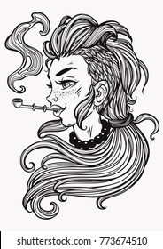 Hand drawn beautiful artwork of female portrait. Girl hipster smokes. Isolated vector illustration. T-shirt print, poster and cards.