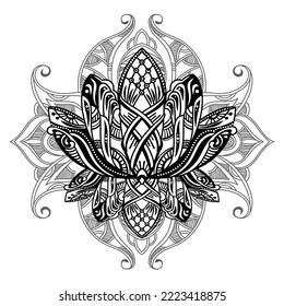 Hand drawn beautiful artwork of isolated ornate Lotus for tattoo, printing on T-shirt, coloring books. Vector illustration.