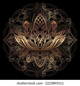 Hand drawn beautiful artwork of isolated ornate Lotus for tattoo, printing on T-shirt, coloring books. Vector illustration.