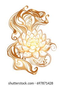 Hand drawn beautiful artwork of isolated ornate Lotus for tattoo, printing on T-shirt, coloring books. Vector illustration.