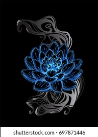 Hand drawn beautiful artwork of isolated ornate Lotus for tattoo, printing on T-shirt, coloring books. Vector illustration.