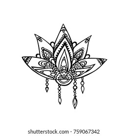 Hand drawn beautiful artwork of isolated ornate Lotus for tattoo, printing on T-shirt, coloring books. Vector illustration on white background.