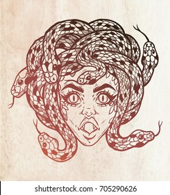 Hand drawn beautiful artwork of Medusa portriat - a female serpent spirit in Greek mythology. Alchemy, religion, spirituality, occultism, tattoo art, coloring books. Vector illustration.