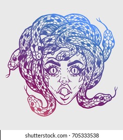 Hand drawn beautiful artwork of Medusa portriat - a female serpent spirit in Greek mythology. Alchemy, religion, spirituality, occultism, tattoo art, coloring books. Isolated vector illustration.